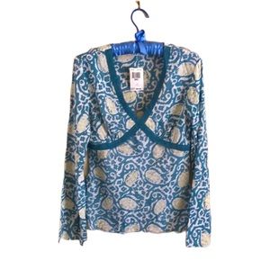 Froxx Patterned V-Neck Long-Sleeved Lace Trimmed Silk Top (S)